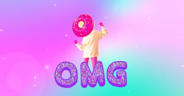 Diseño de animación mínima. Bailando chica divertida donut. Donut amante concepto — Vídeos de Stock
