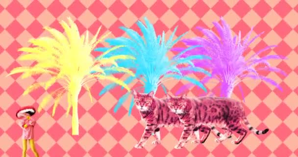 Minimal animation design art. Purple leopard cat in palm space. — Stock Video