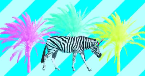 Design de movimento mínimo. Zebra Unicórnio em localização de palma. Conceito de humor praia — Vídeo de Stock