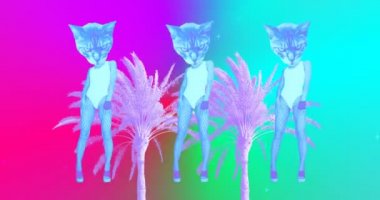 Minimum hareketli komik sanat. Kedi gücü. Palmiye boşluğunda seksi Kitty dansçısı
