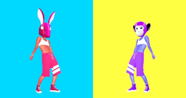 Arte de diseño de movimiento mínimo. Conjunto de Gif. Bailando conejito y mono. Ideal para pantallas de discoteca y divertidos gifs . — Vídeos de Stock