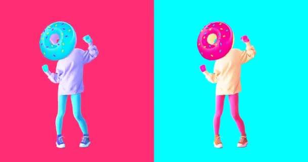 Design de movimento mínimo. Gif pronto. Colorido donut dança Menina — Vídeo de Stock