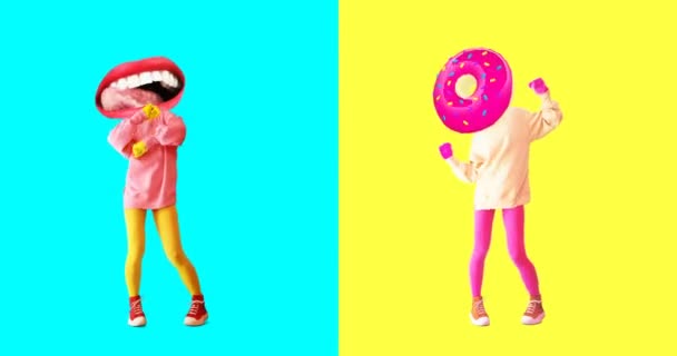 Minimale motion design kunst. Gif klaar. Dansen grappig likken Lips en Donut meisje. — Stockvideo