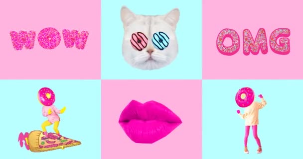 Animatie gif ingesteld. Donut verslaafde, Grappige donut minimale personages. — Stockvideo