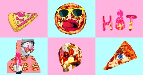 Animatie gif ingesteld. Pizza verslaafde, Grappige Pizza minimale personages. — Stockvideo