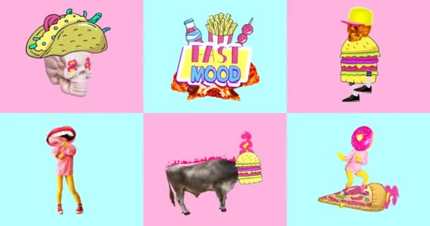 Animation gif set. Fast food addict, Fast food lover. Funny minimal gif characters. — Stock Video