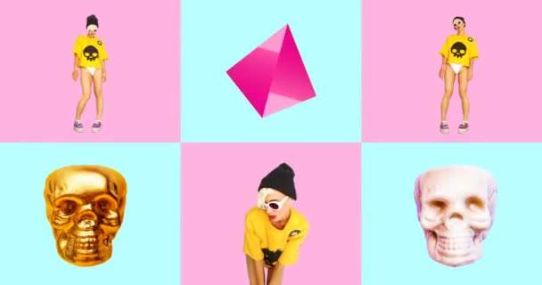 Minimaal animatie ontwerp. Gif personages hipster schedel — Stockvideo