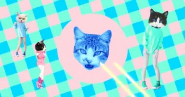 Minimum animasyon sanatı. Geometri arka planında komik animasyon kedileri