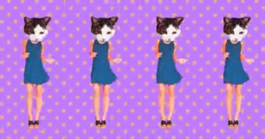 Animasyon gif tasarımı. Güzel Vintage Kitty dansı. Polka noktaları arkaplan