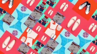 Animasyon Slayt Şovu tasarımı. Şık yaz kıyafetlerinin karışımı. Dümdüz uzanıyordu. Moda günlüğü için mükemmel ekran koruyucu