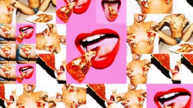 Animasyon Fotoğraf Kaydırağı Şovu tasarımı. Pizza bağımlısı kız. Pizza Porno Hipster konsepti