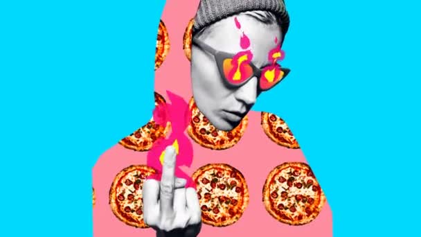 Minimalna animacja fast food art. Ogień hipster dziewczyna pizza kochanek gif — Wideo stockowe