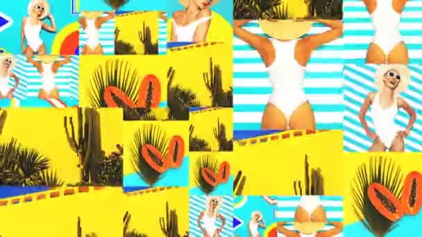 Animatie Slide Show ontwerp. Mix Zomervakantie foto. Beach Girl modeconcept — Stockvideo