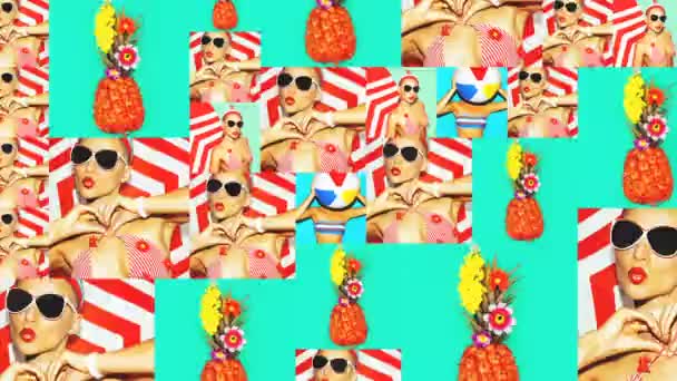 Animation Slide Visa design. Snygg Lady Vacation Beach vibbar. Mode strandtillbehör — Stockvideo