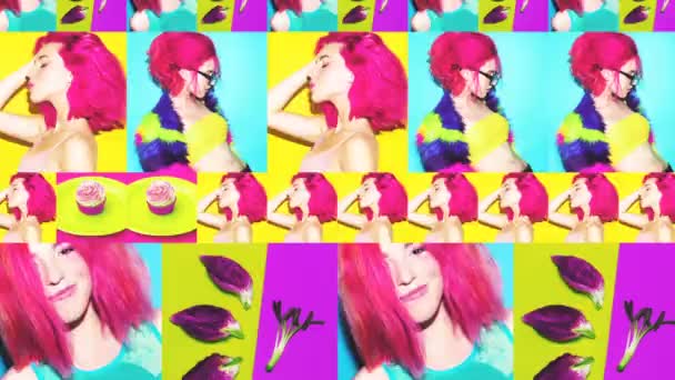 Animatie Foto Diashow ontwerp. Stijlvol meisje met roze haar. Haartrends concept — Stockvideo