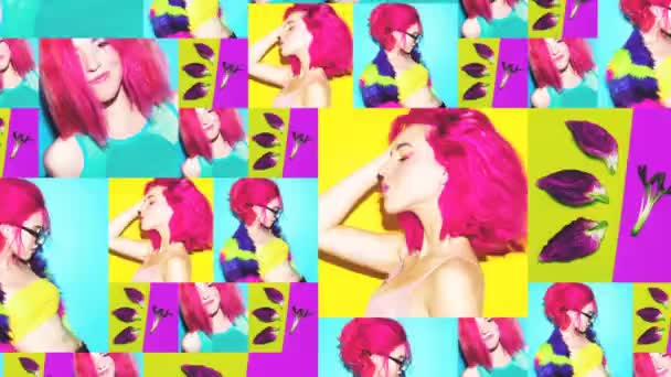 Motion Foto Diashow Design. Stilvolles Mädchen mit rosa Haaren. Haartrend-Konzept — Stockvideo