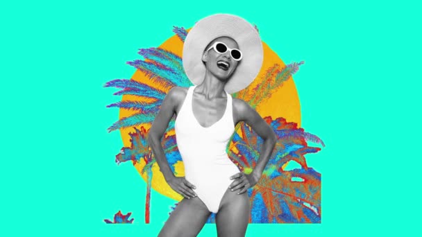 Gif animace umění. Happy Lady plážová dovolená oblečení — Stock video