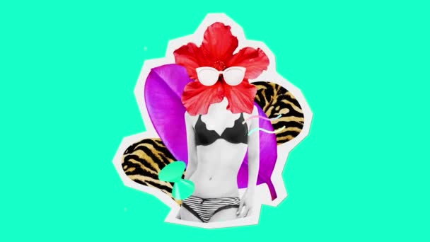 Gif animation konst collage. Fashion Beach Lady Tropiskt humör — Stockvideo