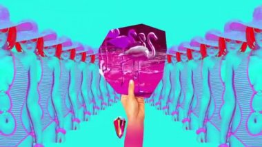 Moda animasyon tasarımı. Flamingo tutan kolaj eli. Plaj tatili.