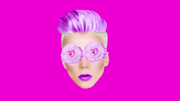 Gif minimální módní umění. Blondýny hlava růžové květy náladu — Stock video