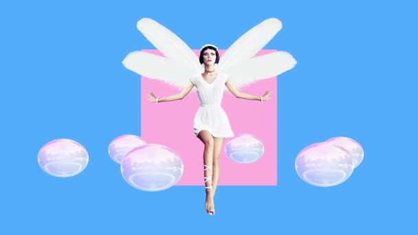 Fashion animation design. Flying Lady Angel in abstraction — Stock Video