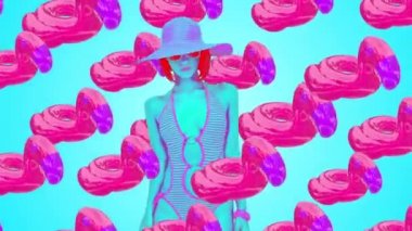 Moda animasyon tasarımı. Mayo giymiş ve flamingo geçmişi olan bir kız. Plaj partisi havası