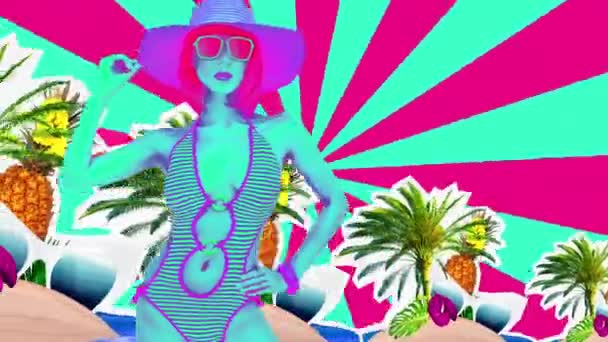 Modische Animationskunst. Beach Girl. Urlaubszeit. Zine Art Collage — Stockvideo