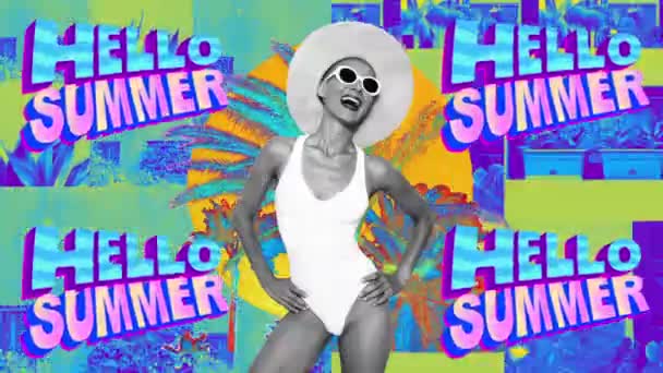 Diseño de animación de moda. Playa chica y texto Hola verano — Vídeos de Stock