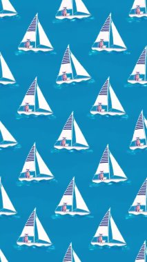 Dikey animasyon modeli. Tekne gezginindeki kedi. Tatil zamanı.