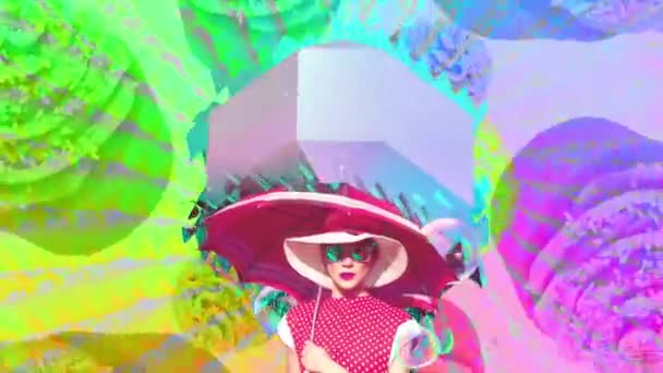 Mode animatie ontwerp. Vintage dame onder paraplu. Heet zomerseizoen — Stockvideo