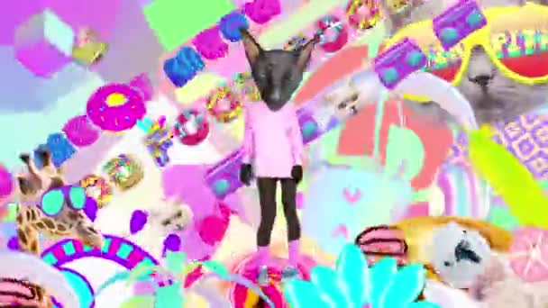 Creative Motion modern design. Kitty dancing in Geometry Chaos textures and objects.Zine collage art. — Stock Video