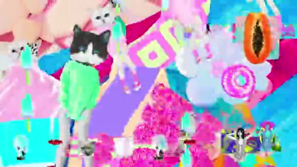 Animation design moderne. Danse de chat en géométrie Textures et objets du chaos Collage Zine art de la mode.