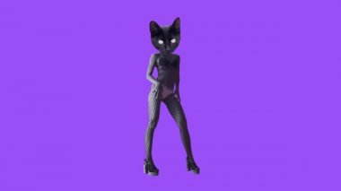 Gif animasyon tasarımı. Mor arka planda dans eden seksi siyah kedi.