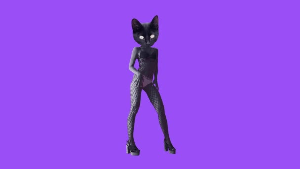 Gif Animationsdesign. Sexy Black Kitty tanzt auf lila Hintergrund