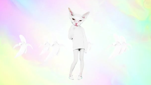 Гифский анимационный дизайн. Белая Китти танцует на пальмовом фоне — стоковое видео