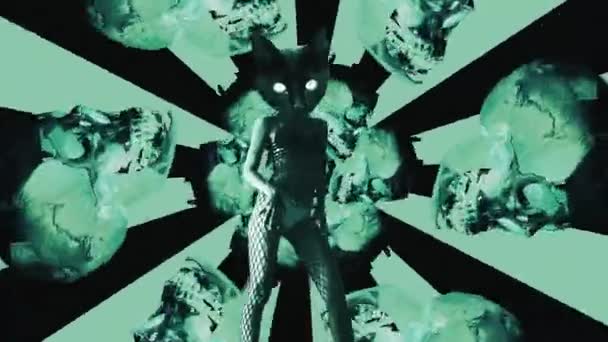 Arte de movimiento Gif. Bailando gatito sexy en fondo de cráneo de moda — Vídeos de Stock