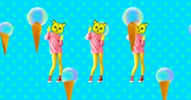 Minimum animasyon gif sanatı. Güzel dans eden kedicik ve dondurma. Hareket deseni tasarımı