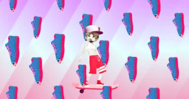 Minimum animasyon gif sanatı. Kaykaycı şehir kedisi. Hareket deseni tasarımı