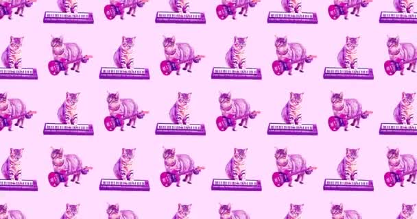 Мультипликационное искусство. Funny Cats Disco Music band seamless animation pattern — стоковое видео