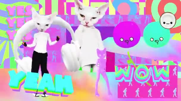 Animazione design moderno. Cat dancing in Geometria Texture e oggetti del Caos. Zine collage fashion art. — Video Stock