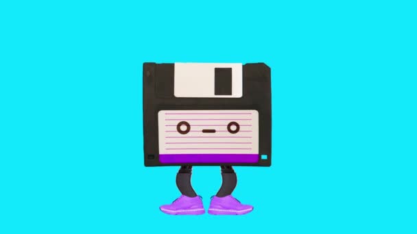 Animazione design art. Disco floppy divertente a piedi — Video Stock