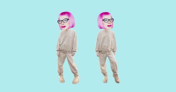 Stop motion animation funny character fashion Girls with different emotions on blue background.Ideal for advertising and presentations, power friendship girls — Stock Video