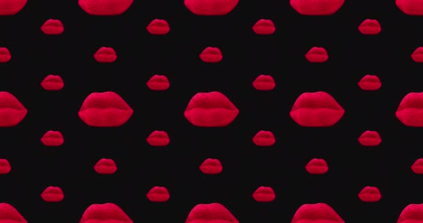 Animatie ontwerp. Mode naadloos patroon. Roze lippen op zwarte achtergrond — Stockvideo