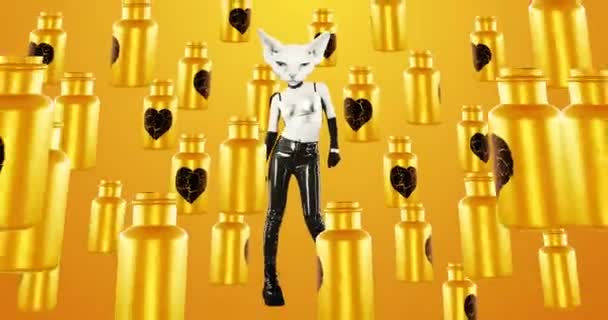 Arte de animación de moda. Gatito glamour bailando sobre fondo dorado mínimo. Clubbing estilo de moda — Vídeos de Stock