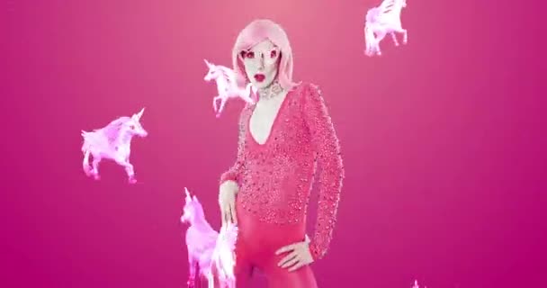 Design de gif de moda moderna animação. Senhora retro-rosa e vibrações de unicórnio — Vídeo de Stock