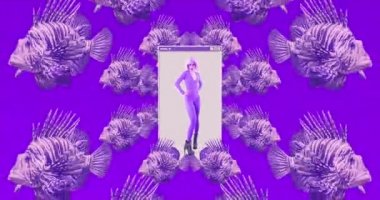 Animasyon minimum tasarım. Retro Lady ve balık geçmişi