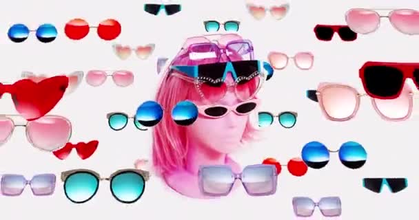 모션 디자인. 마네 킨은 패션 액세서리인 선글라스를 착용 한다. 패션 개념 — 비디오