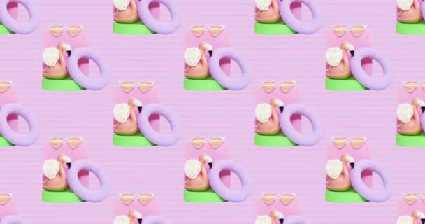 Animationsdesign. Sommermode gesetzt. Tropischer Flamingo und Sonnenbrille. — Stockvideo