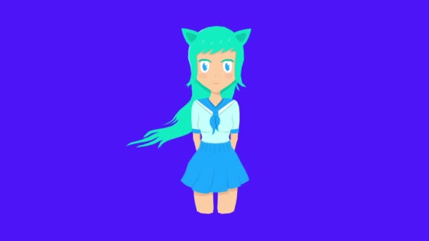 Анімаційне дизайнерське мистецтво. Мода аніме персонажа дівчина з синім довгим волоссям — стокове відео