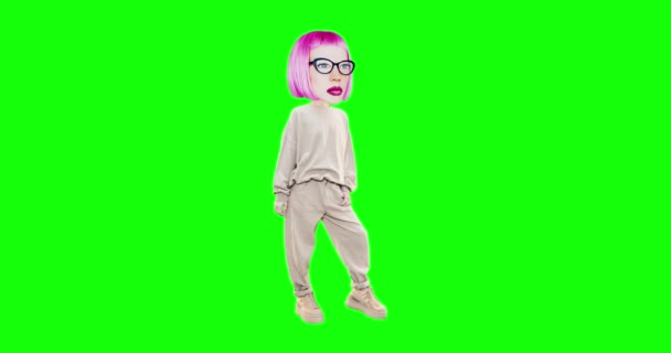 Stop motion stylish character girl with different emotions on chroma key background. Casual mood. Ideal for advertising and presentations — Stock Video